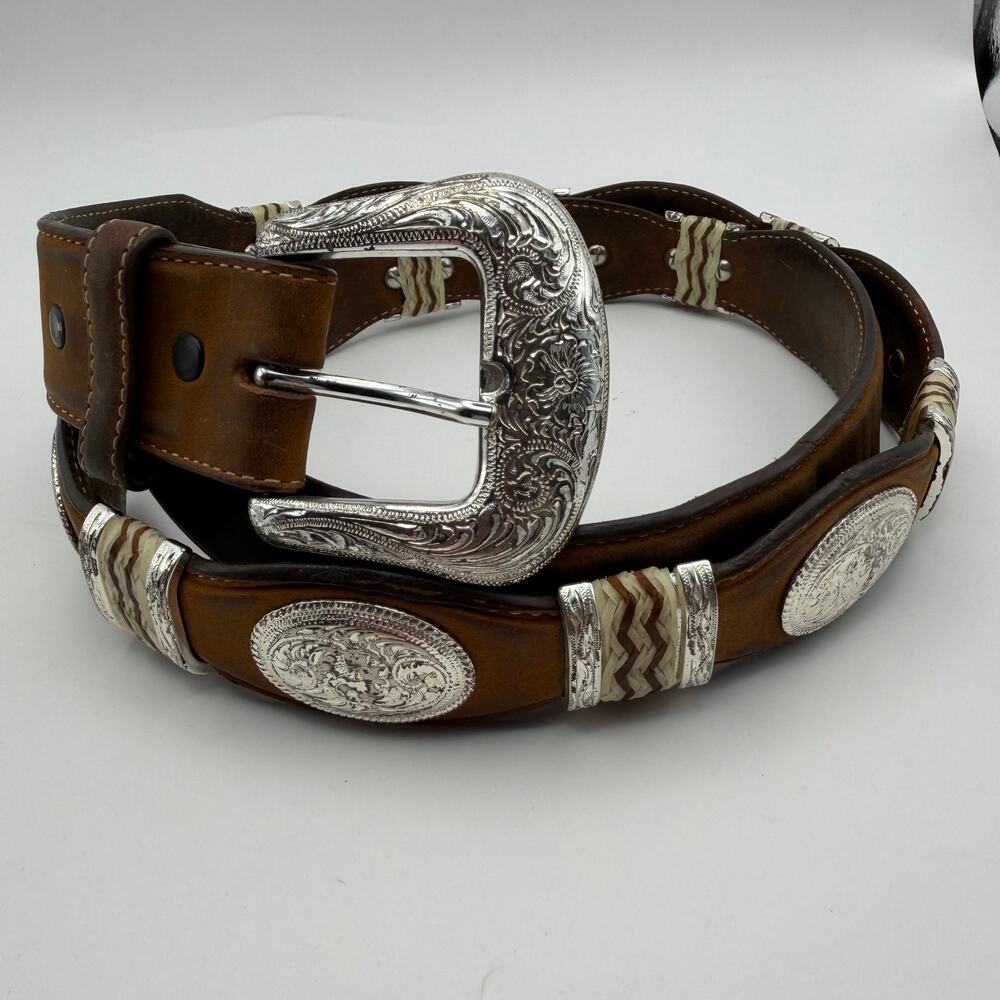 Tony Lama Braided Rawhide & Silver Tone Concho Western Leather Belt Men's 42